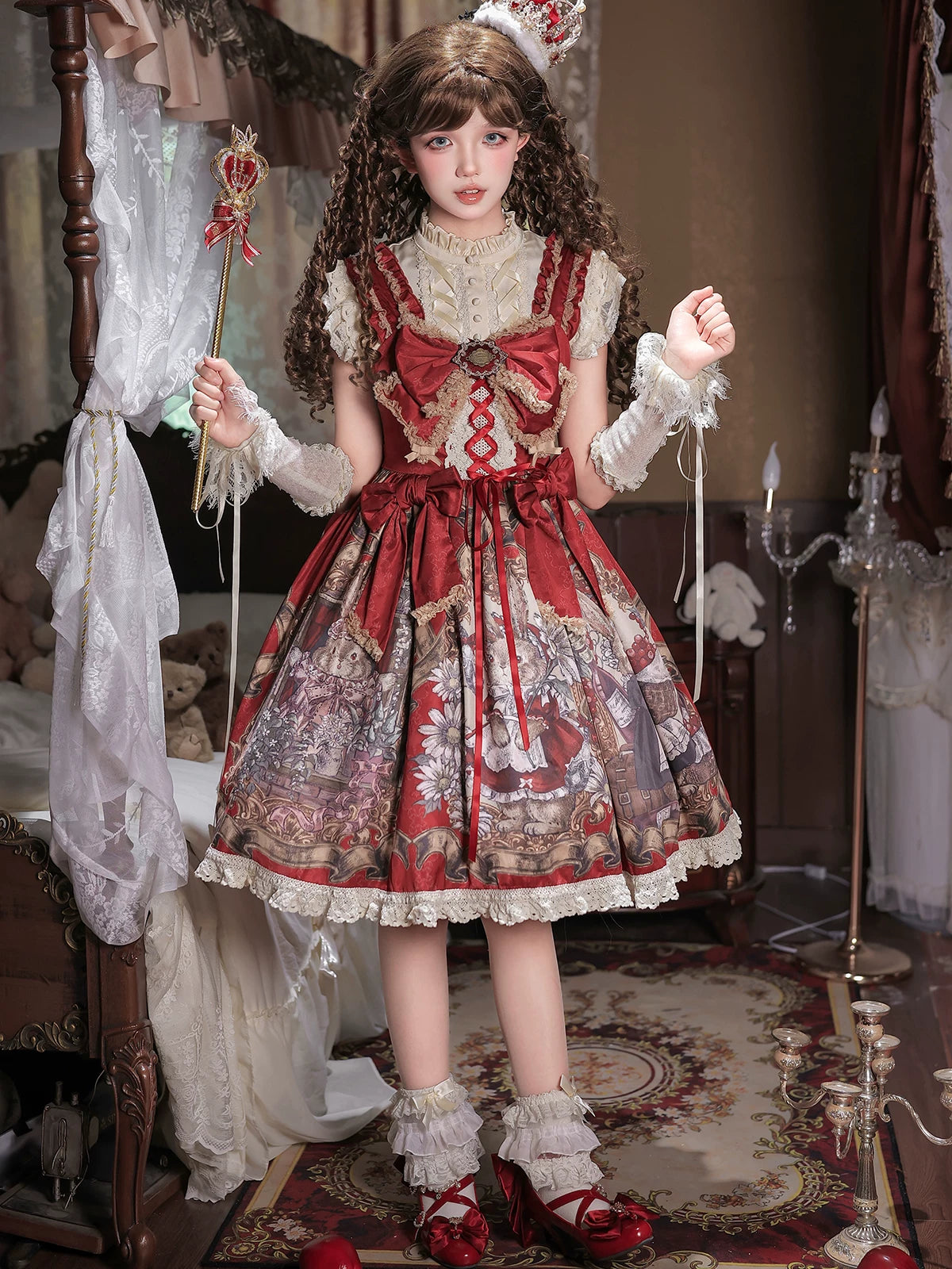 Mysterious Ribe - Red Classic Lolita Jumper Skirt & Blouse Set, Rabbit Print 45968:870079