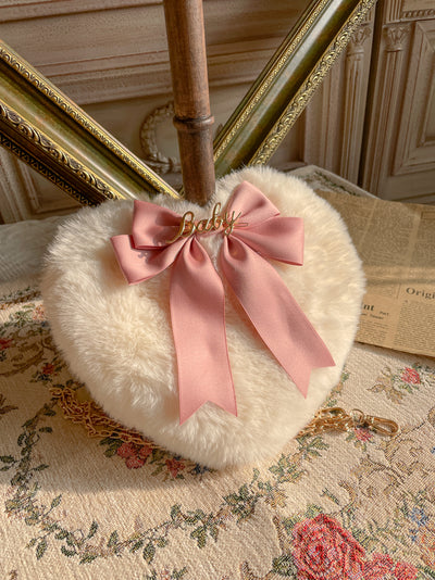 MAID~Kawaii Lolita Heart Bag Plush Pearl Chain Handbag Smoke Pink  