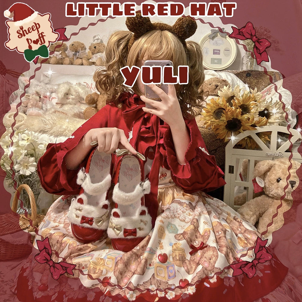 Sheep Puff~Sweet Lolita Red Platform Shoes for Christmas   