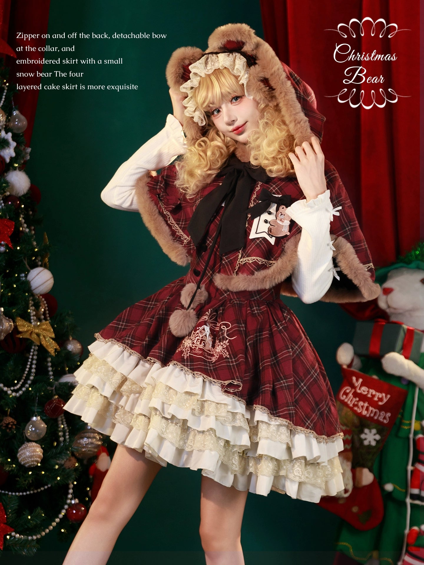 OCELOT - Kurikuma Cocoa - Christmas Plaid Lolita JSK, Hooded Cape 44202:799746