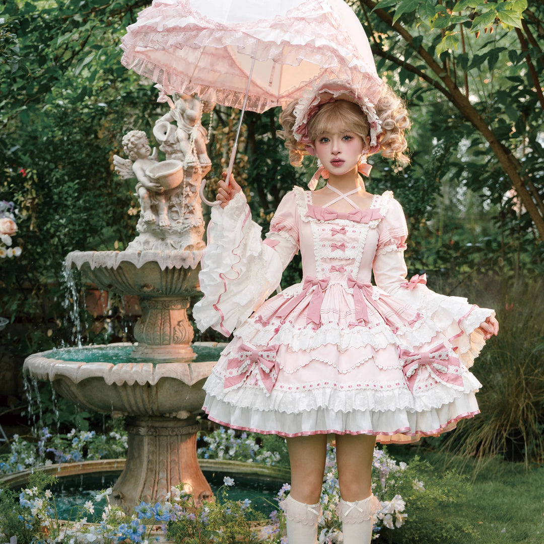 Heartbeat doll~Lily's Tea Party~Pink Old School Lolita OP Dress Long Sleeve