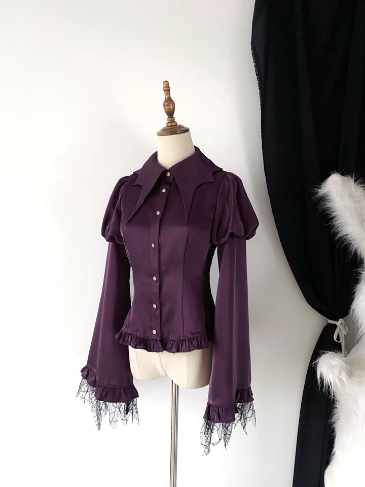 Flower messenger~Gothic Lolita Blouse Long Sleeve Jabot Hollow-out Spider Design S Purple shirt 