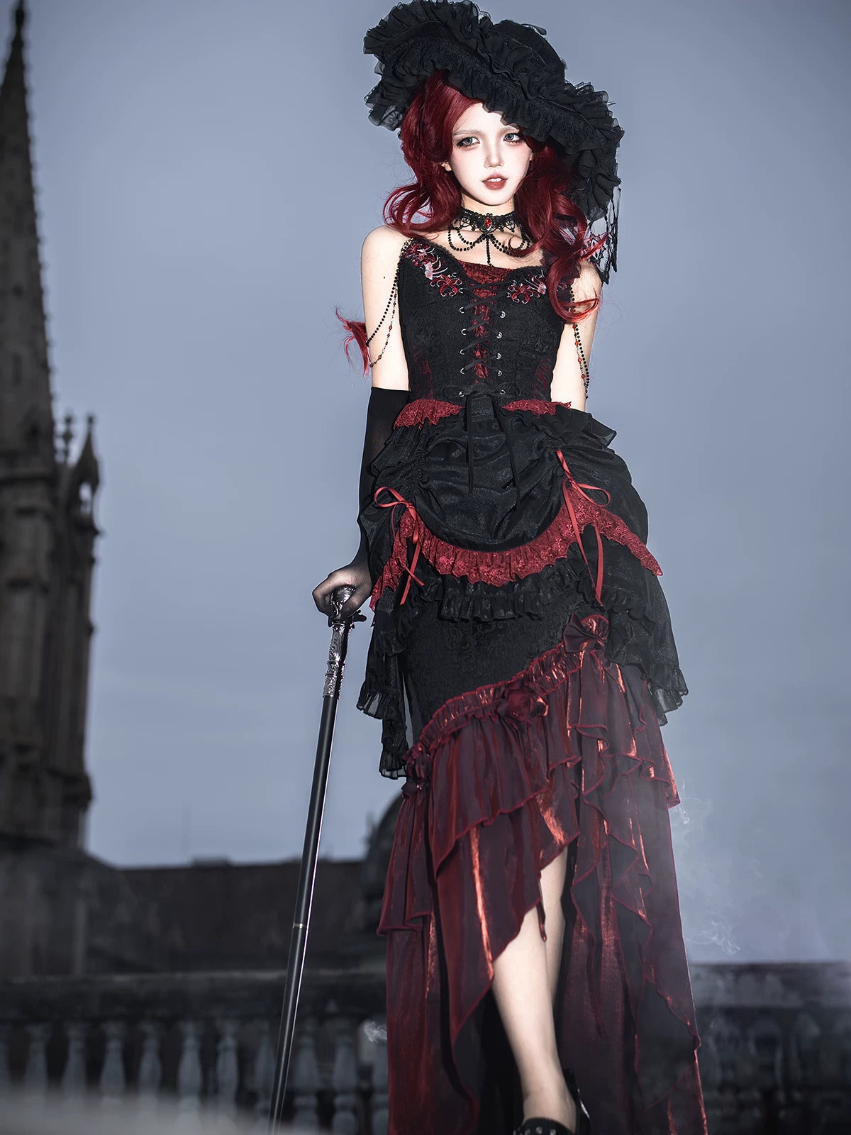 Bone Rot Bloom - Gothic Lolita Embroidered Camisole & Drawstring Lift-up Hem Skirt 45593:854857