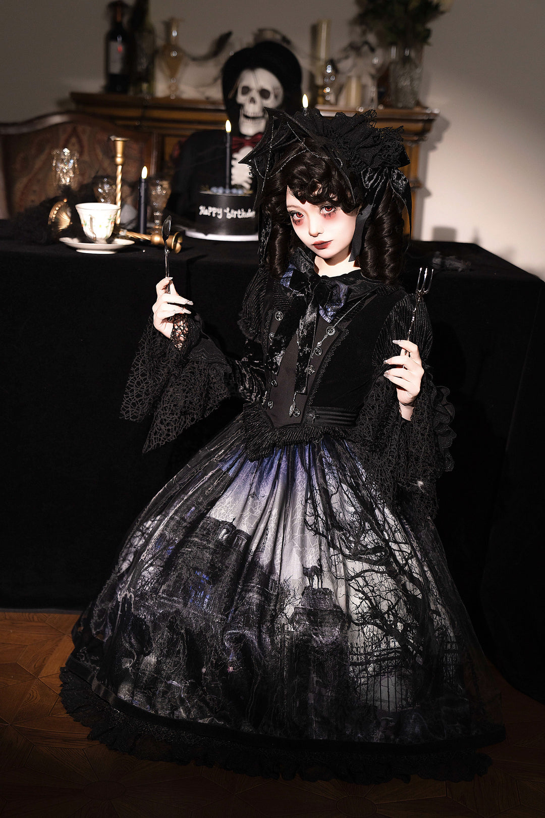 LilithHouse~Horror House~Gothic Lolita OP Set with Cape and Castle Print