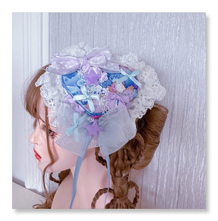 Artemida Tale - Daughter of the Sea - Sweet Lolita Undersea World Print Headdress Set A purple bow top hat only One Size