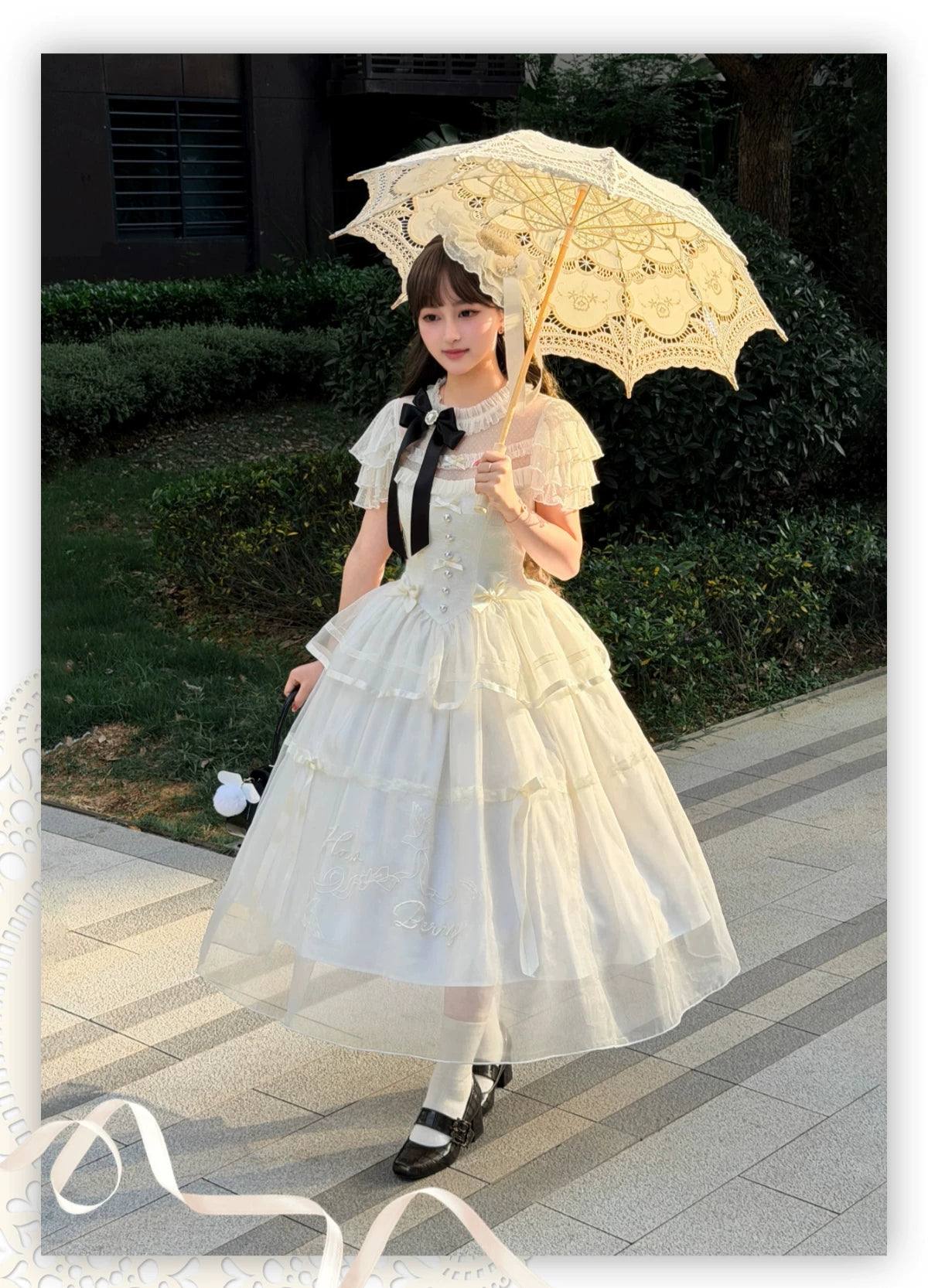 White Bird Love Letter - Classic Lolita Jacquard OP Dress, Embroidered Tulle Hem