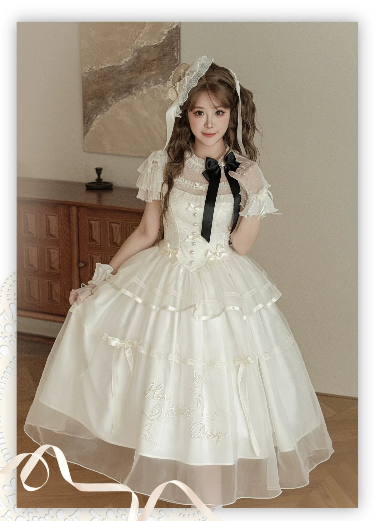 White Bird Love Letter - Classic Lolita Jacquard OP Dress, Embroidered Tulle Hem