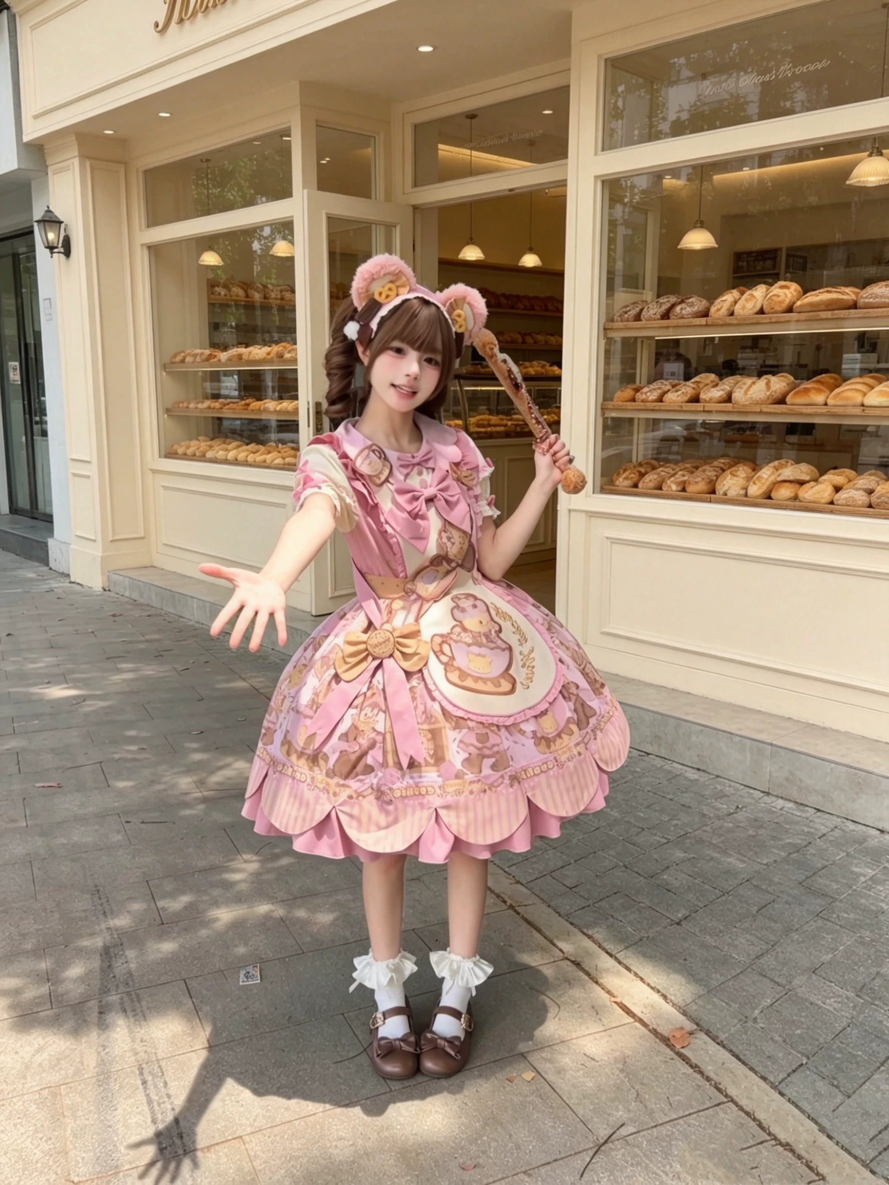 Bear Biscuit SP - Kawaii Lolita Bear Printed Dress Set with Bows 45375:846455
