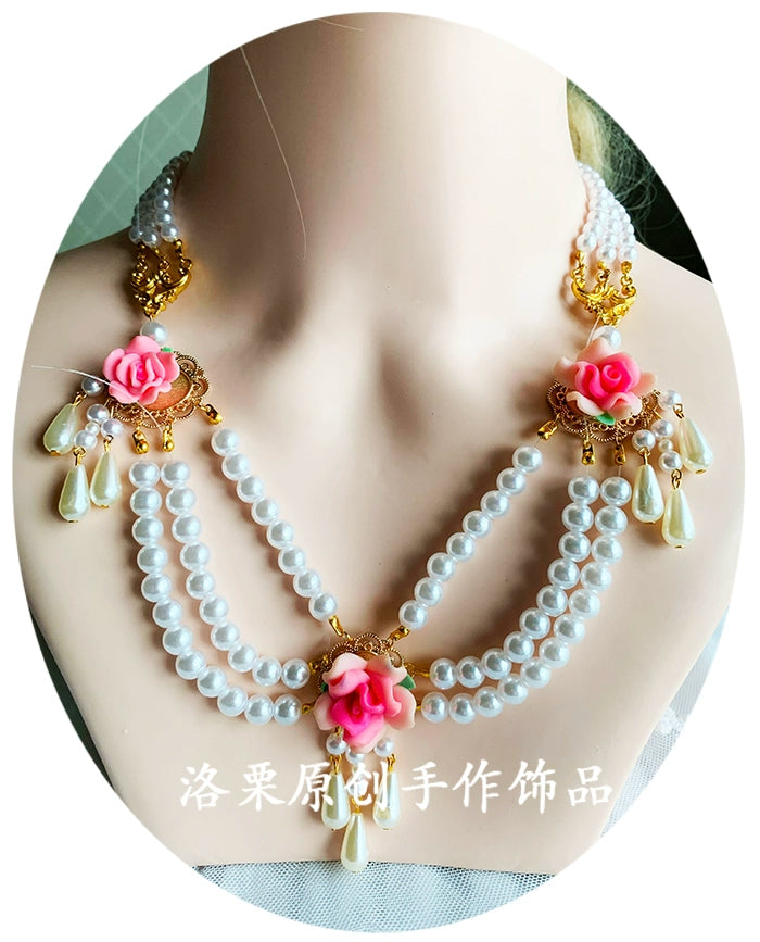 Luo Li~Wedding Lolita Necklace Multi-layer Pearl Pendant T style  