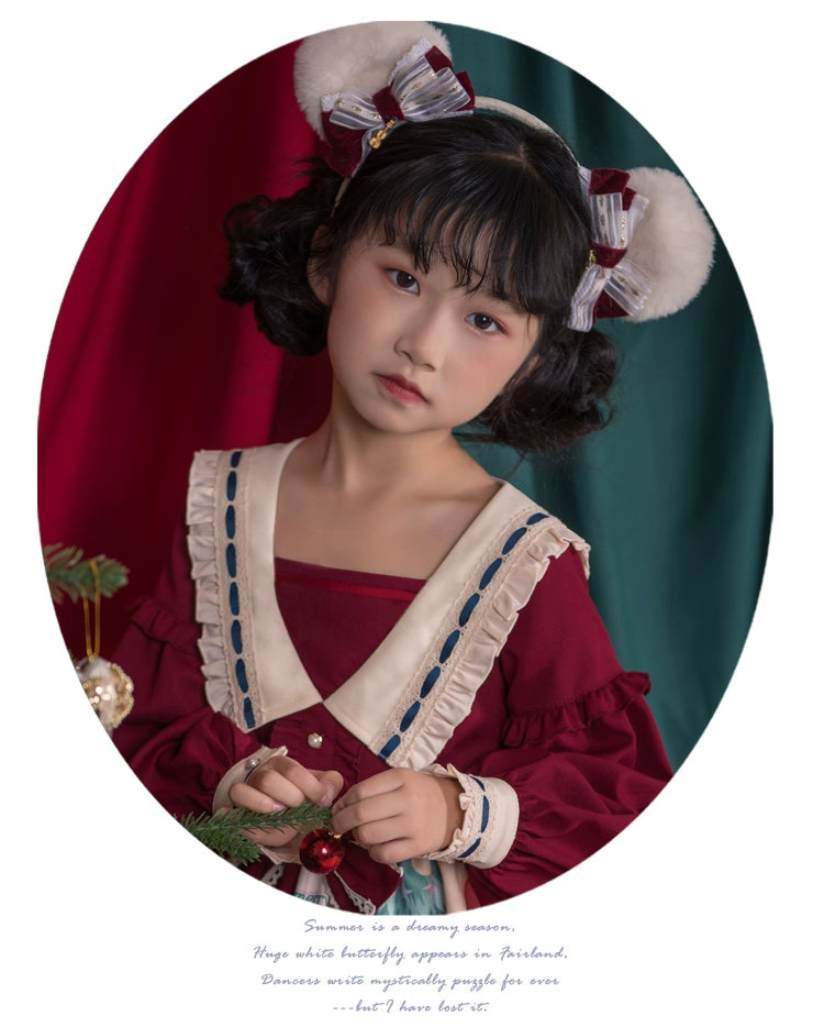 Eieyomi~Kid Lolita Kawaii Bear Print Burgundy Dress Christmas   