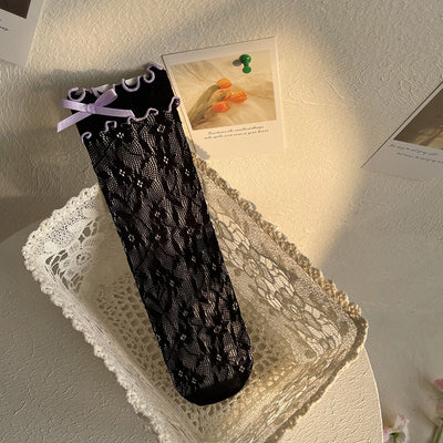 WAGUIR~Kawaii Lolita Thin Lace Socks free size black socks purple knot 