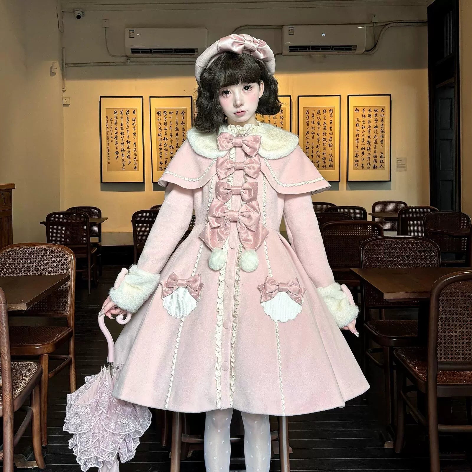 Sakurahime - Sweet Cookie - Sweet Lolita Coat Detachable Cape Pastel Outwear Pink Coat+ Cape S