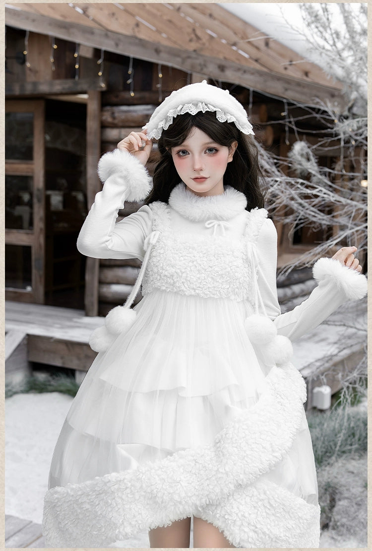 With PUJI - White Choco - Winter Kawaii Lolita JSK Dress Set, Fluffy Accents 44246:801065