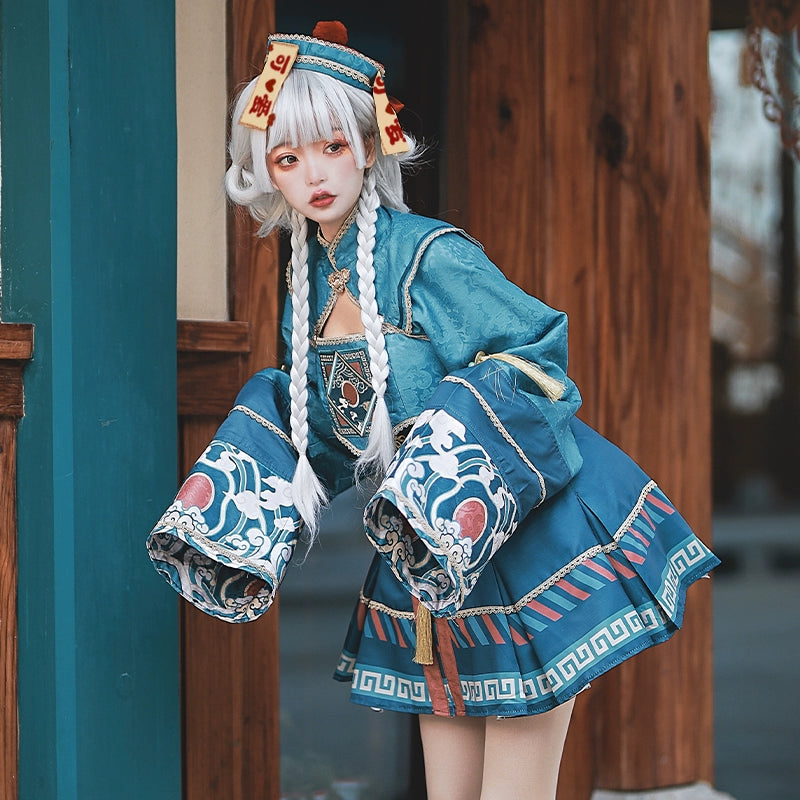 Sakurahime~Kawaii Lolita Blue-green Sun Embroidery JSK Dress Set XS short JSK+coat+hat+a side clip 