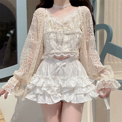 Sugar Girl~White Lolita Bloomers Anti-Exposure Pink Ruffle Safety Shorts   