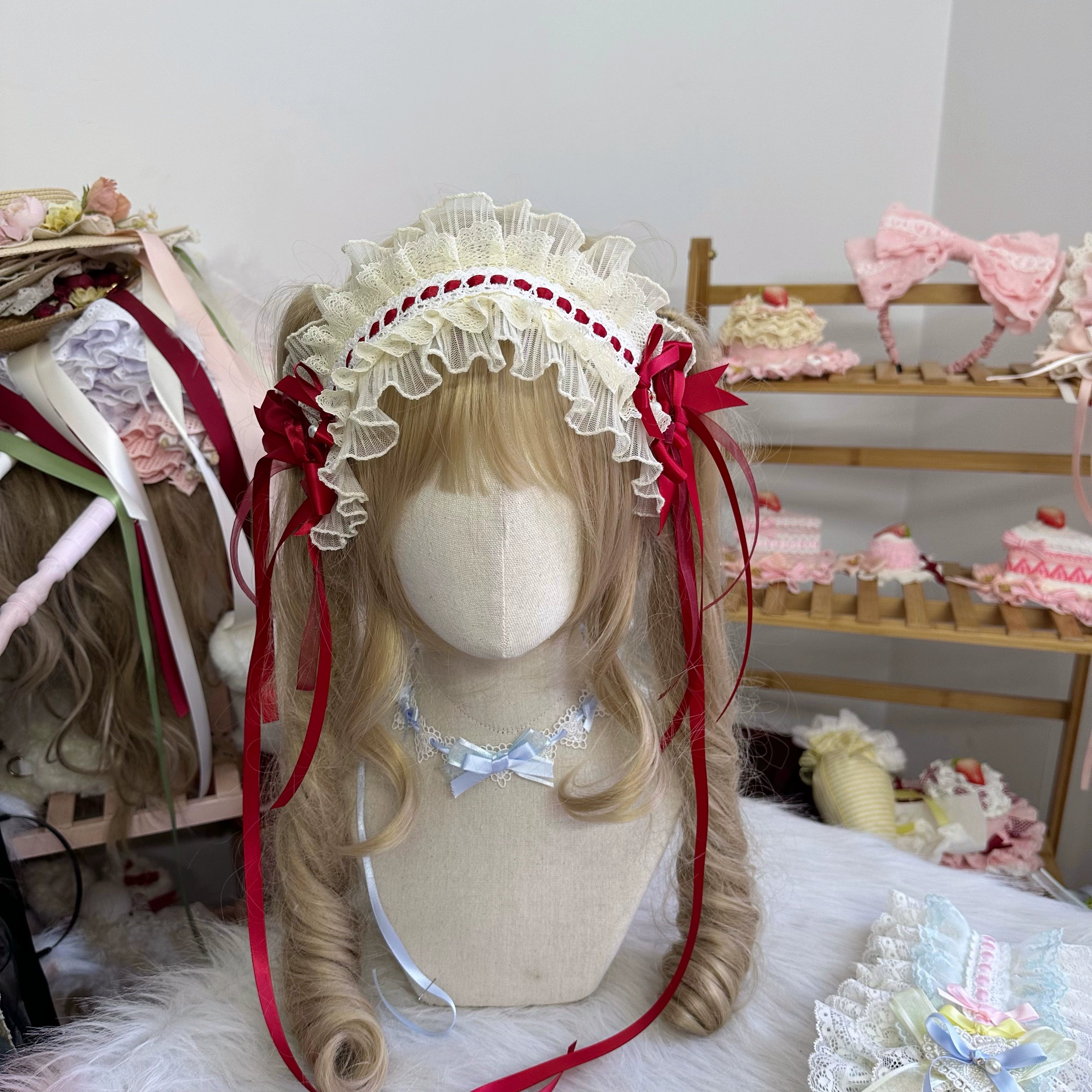 Chestnut Lolita - Sweet Lolita Headdress, Bow and Lace Decoration Red Hairband Only