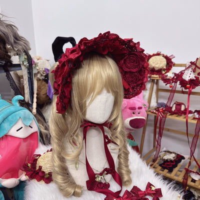 Chestnut Lolita~Handmade Cotton Lolita Bonnet Rose Elements BNT Red  