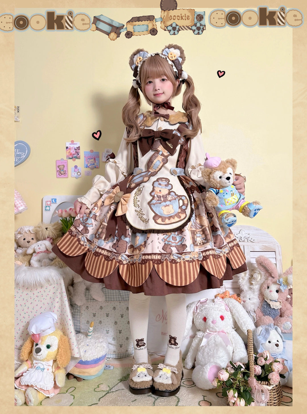 Star Fantasy~Bear Biscuit~Sweet Lolita Dress Winter Lolita OP and Salopette S OP Hairband Full Set-beige color