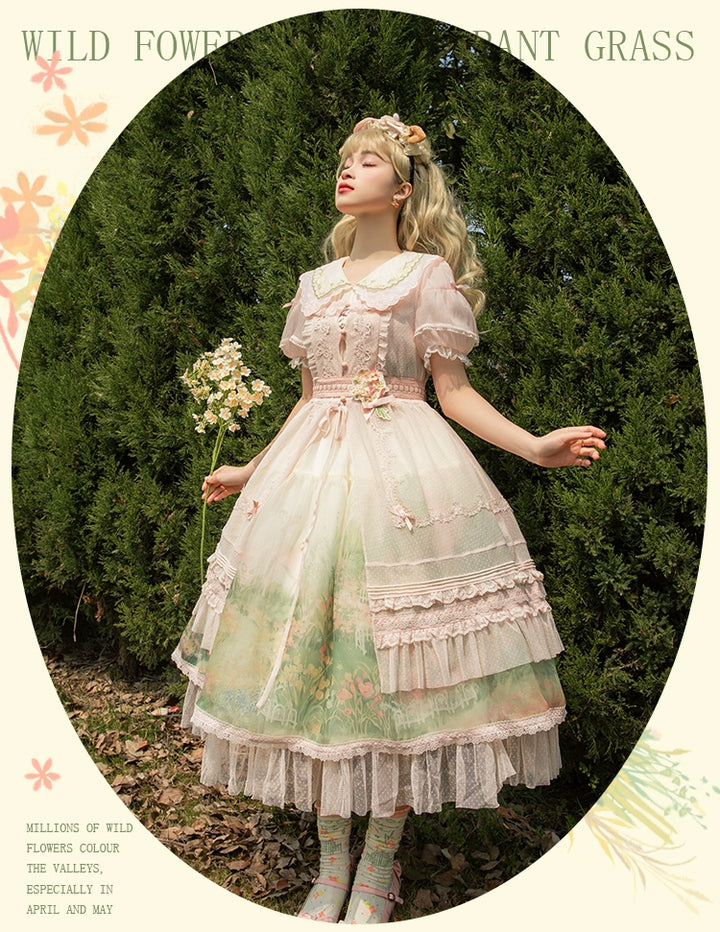 Flower and Pearl Box~Wild Flowers and Fragrant Grass~Country Lolita Dress Floral Print JSK and OP Dress Set