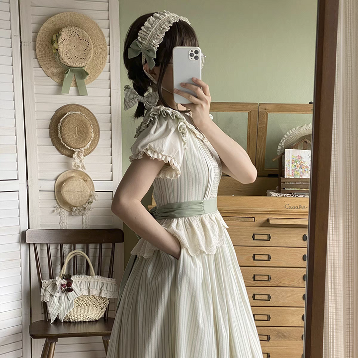 KOMOMO~Little Wild~Country Lolita OP Dress with Rattan Handbag and Hat