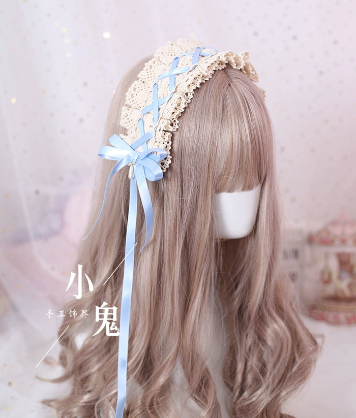 Xiaogui - Japanese Style Sweet Lolita Lace Headband Multicolors Light Blue + Cotton Headband