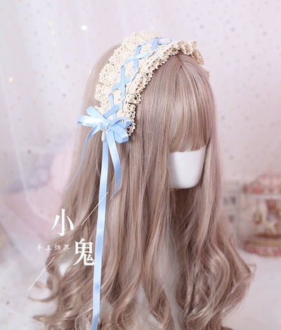 (BFM)Xiaogui~Japanese Style Sweet Lolita Lace Headband Multicolors Light Blue + Cotton Headband  