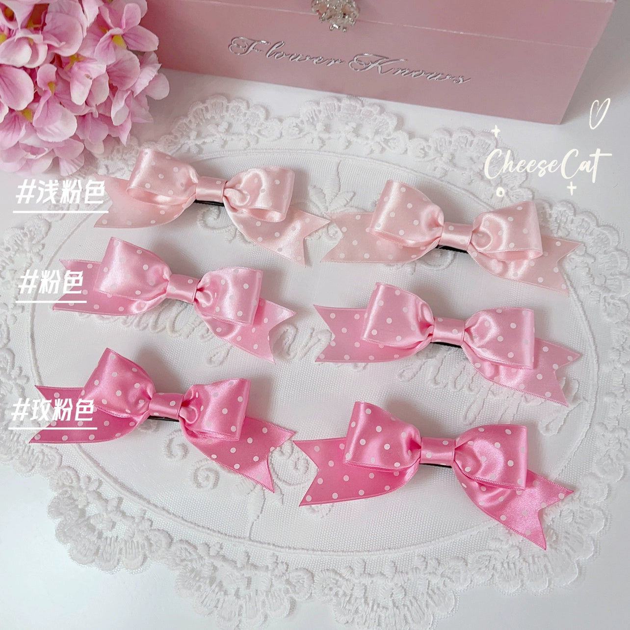 Cheese Cat~Kawaii Lolita Hair Clip Polka Dot Ribbon Bow Clips a light pink hair clip  