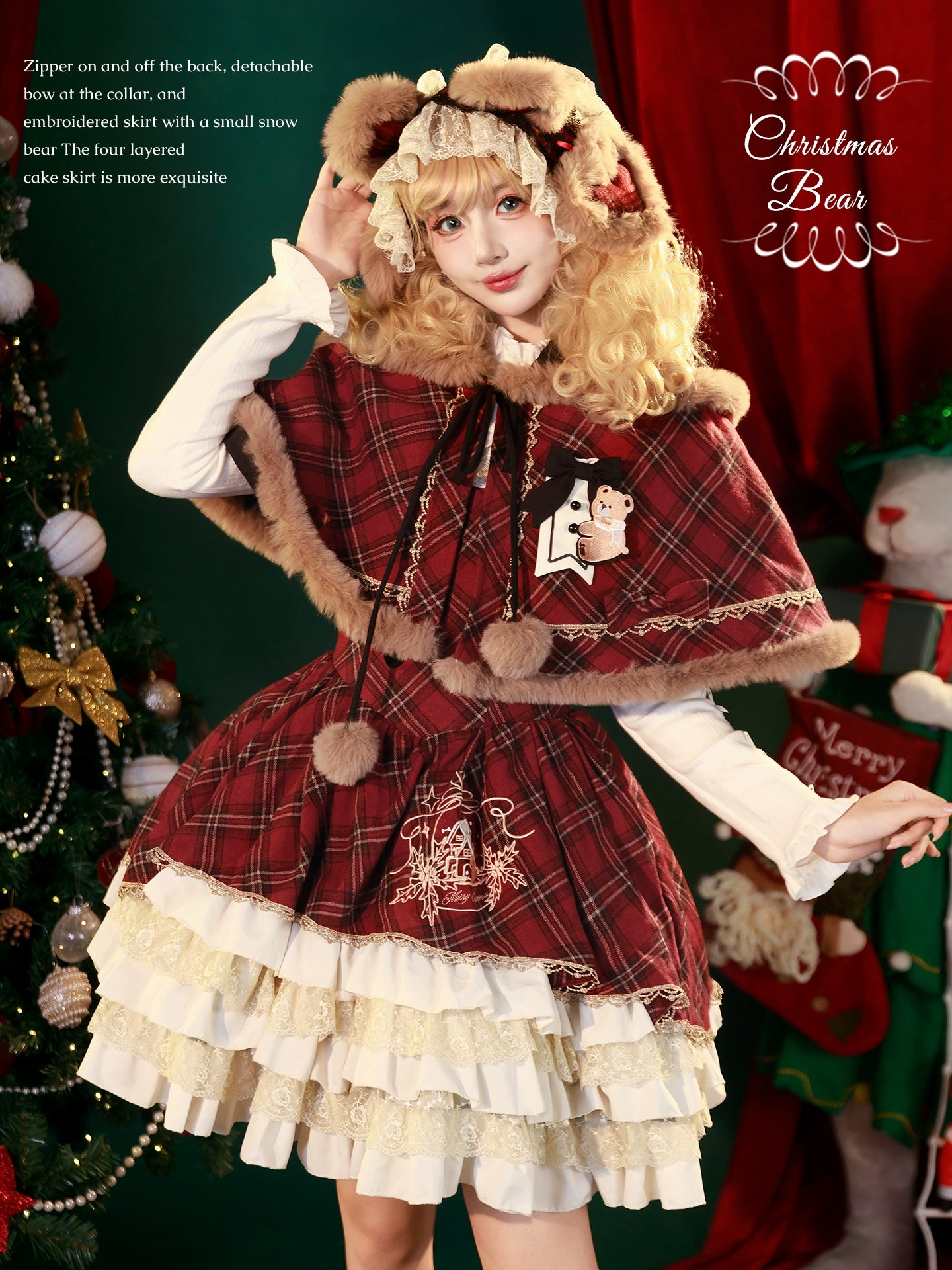 OCELOT - Kurikuma Cocoa - Christmas Plaid Lolita JSK, Hooded Cape 44202:799755