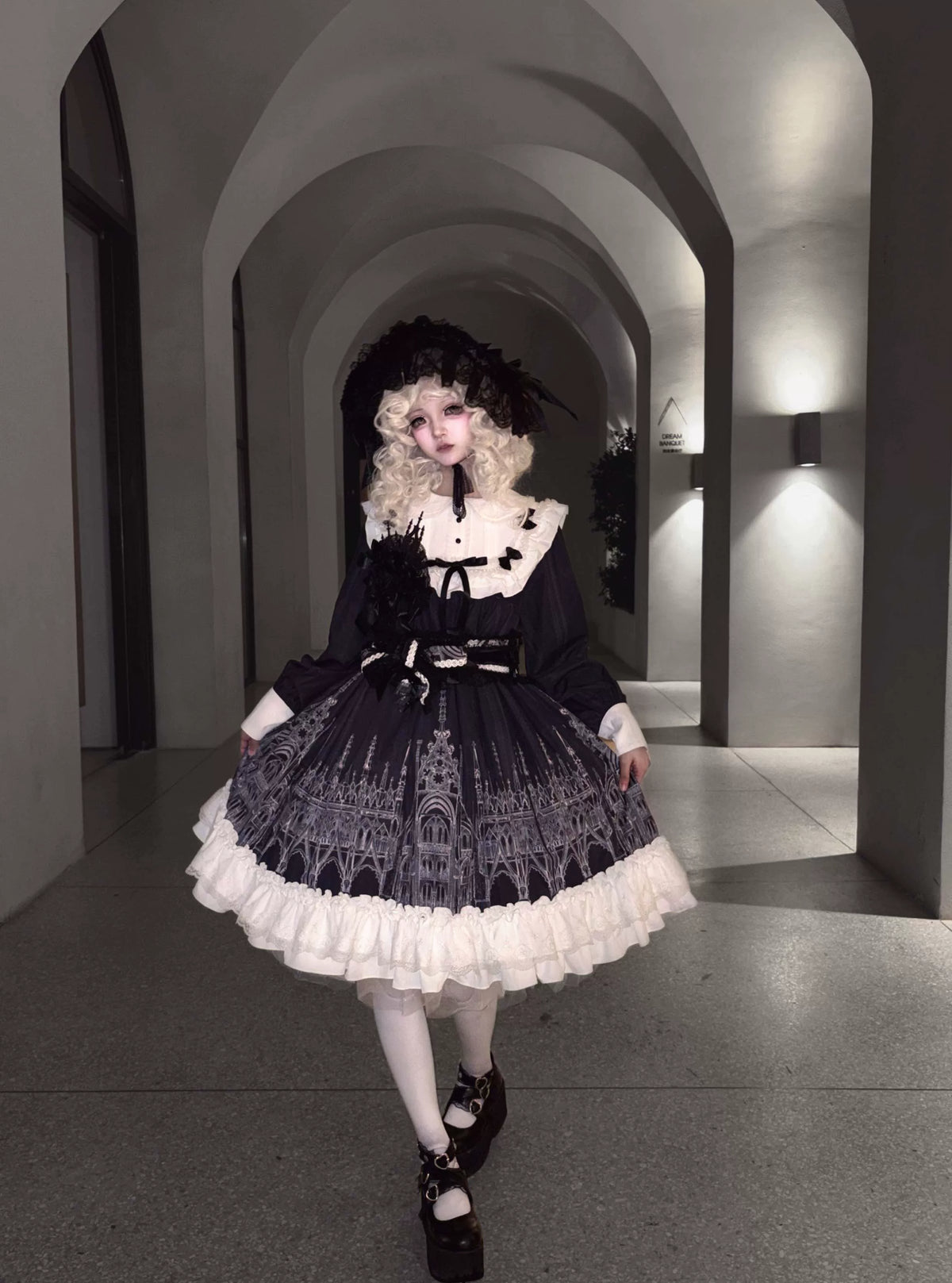 Silent Spire - Gothic Lolita Cathedral Print JSK & OP Dress Set, Side Pockets 45921:868102