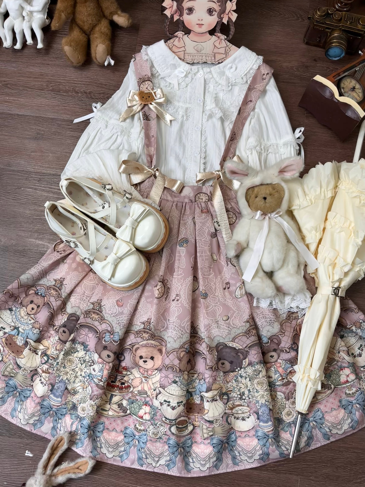 Bear's Tea Party - Kawaii Vintage Lolita Suspender Skirt, Bear Print 46007:871880