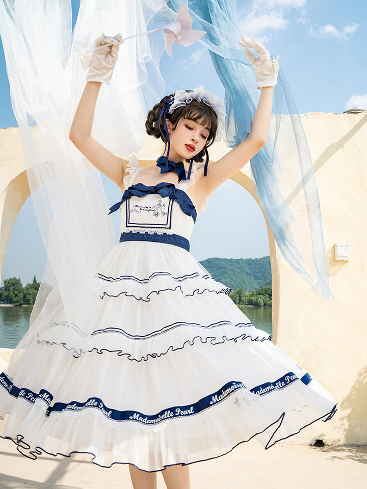 Mademoiselle Pearl~Elegant Lolita Navy Blue-white JSK and OP XL JSK 