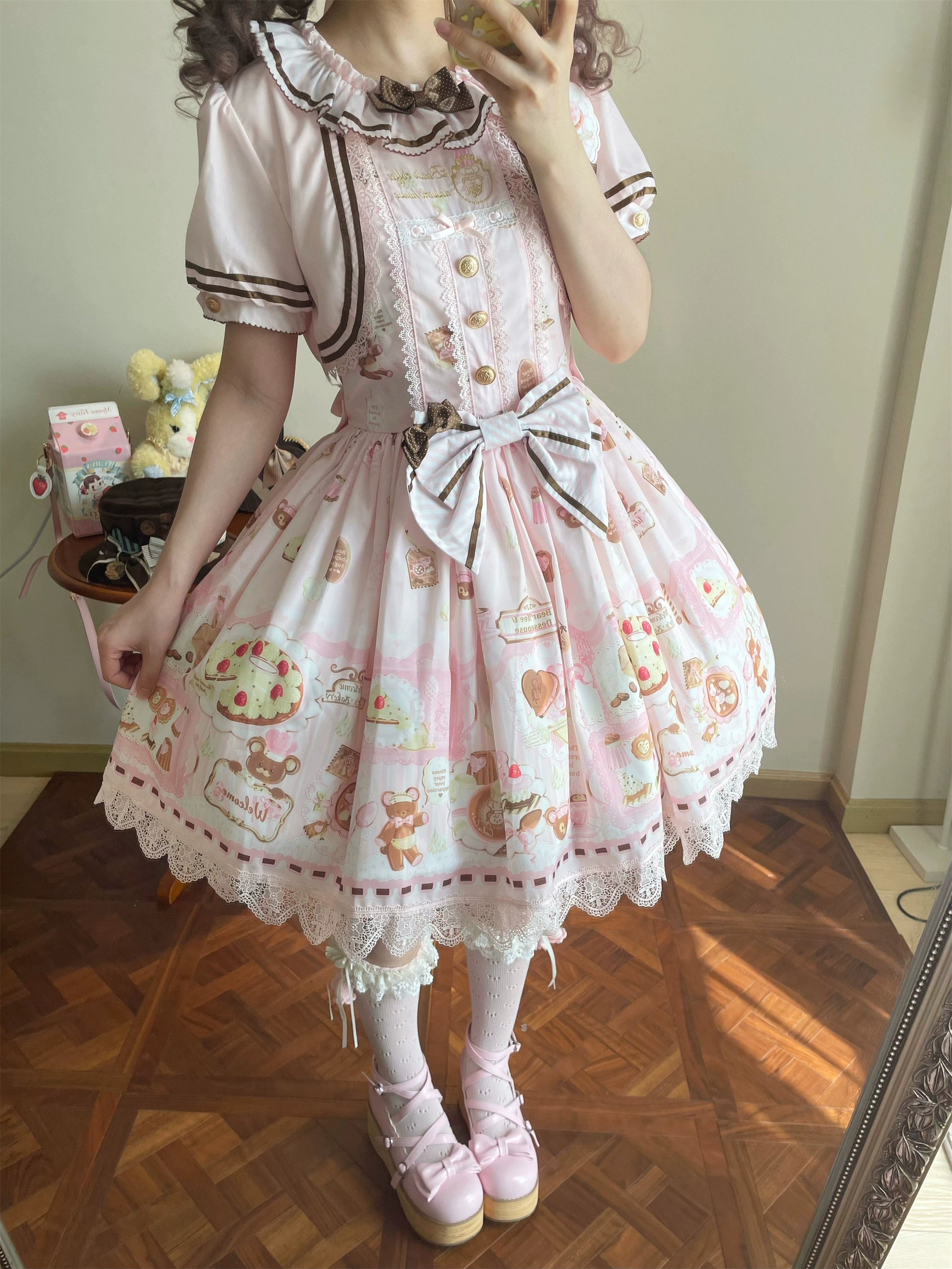 Babyblue - Dream Teahouse - Dessert Print Kawaii Lolita OP Dress Suit 43332:773708