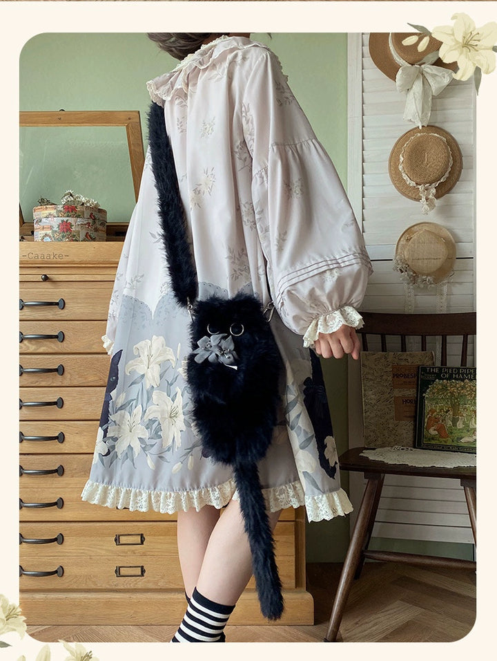 Akiyama Future Studio~Black Cat and Lily~Loose Kawaii Lolita OP Dress with Vest and Hat