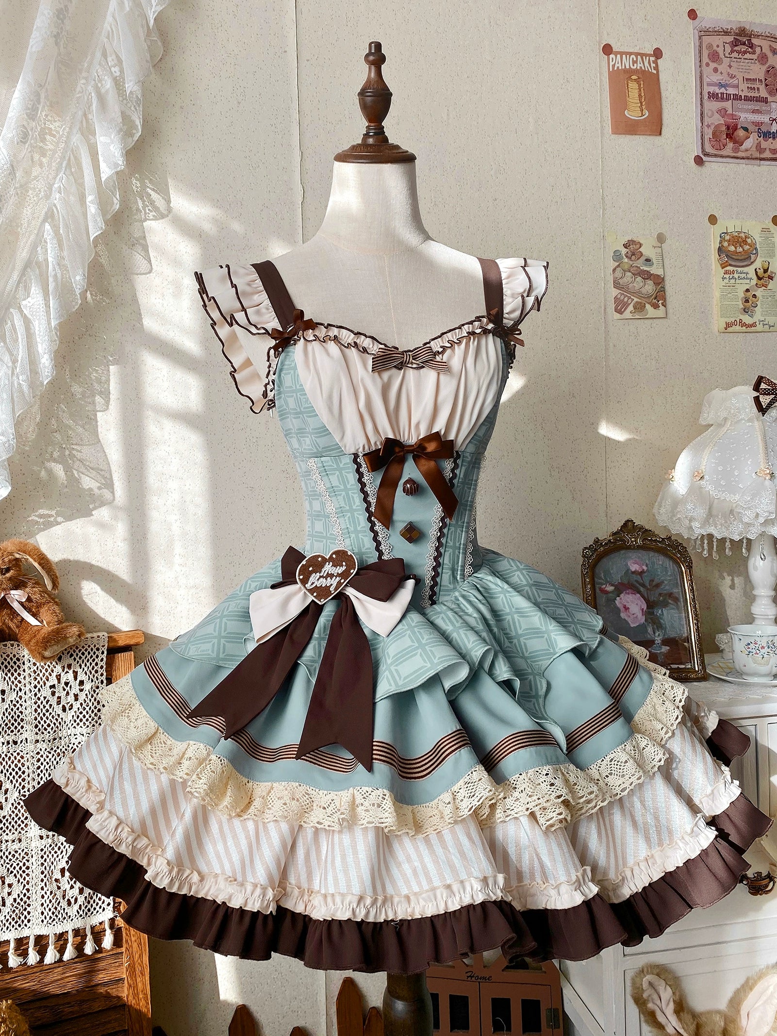 Hawthorn Berries~Thin Choco~Sweet Lolita Petite JSK Puffy Mini Dress KC (Mint / F L M S XL) 41394:695258