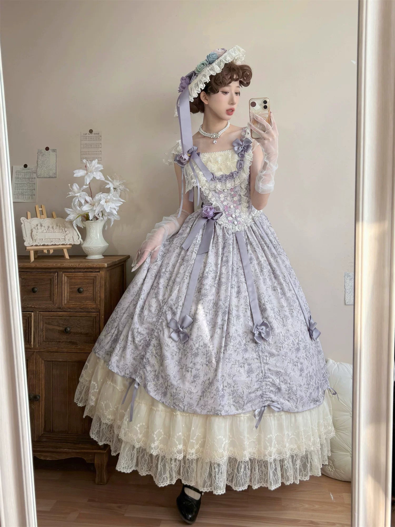 Dolota Flower Wall - Classic Lolita Floral OP Dress, Open Shoulder 44485:811074