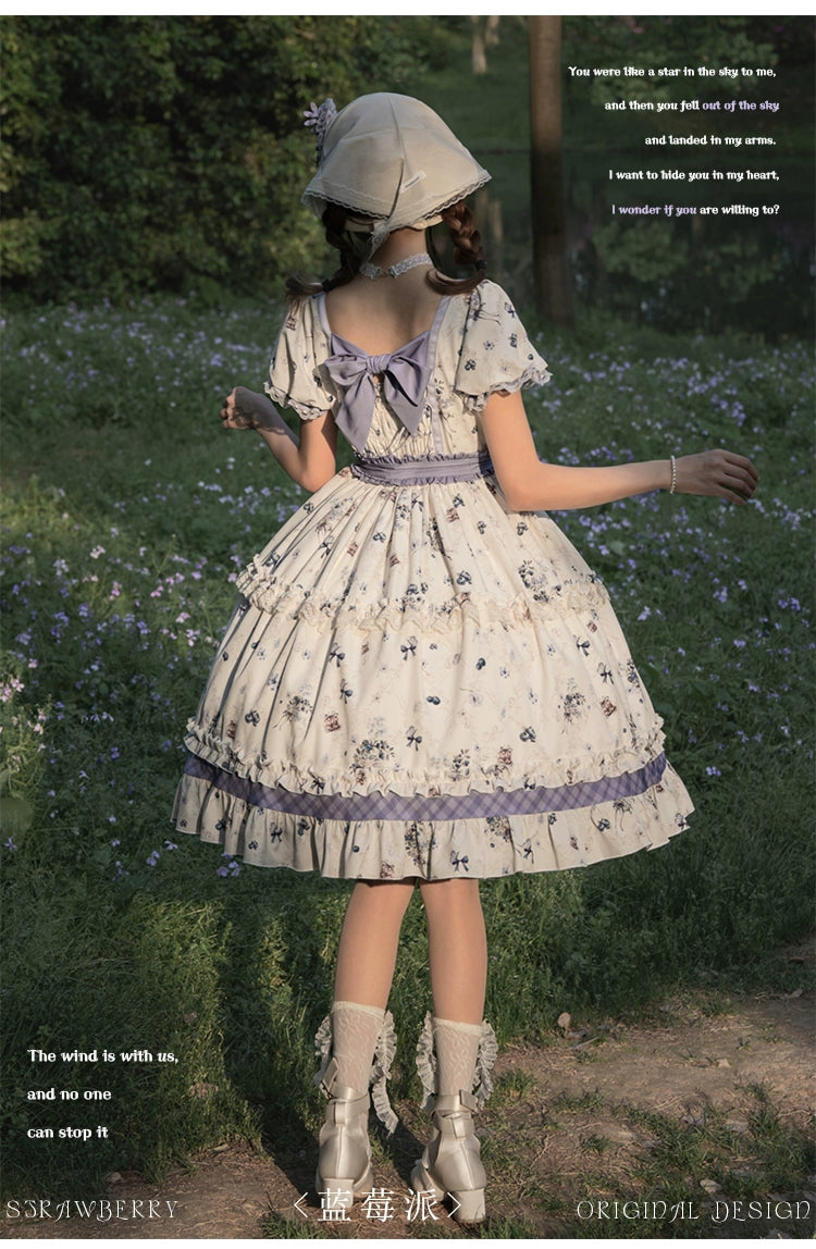 (BFM)Strawberry Fantasia~Blueberry Pie~Country Lolita OP Short Sleeve Floral Printing Dress   