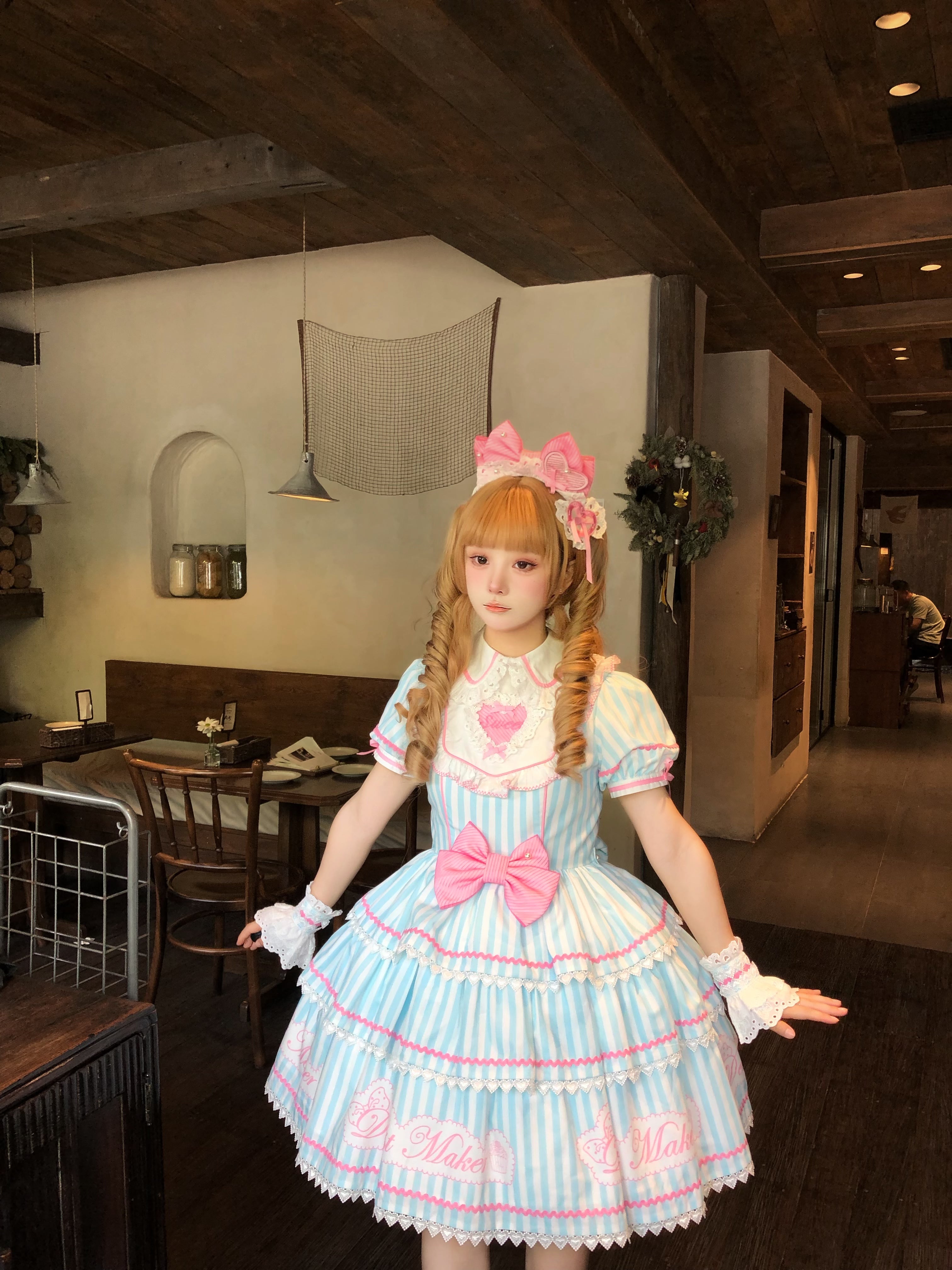 Sweet Butler - Maid Lolita Striped OP Dress, Embroidered Collar 45379:851061