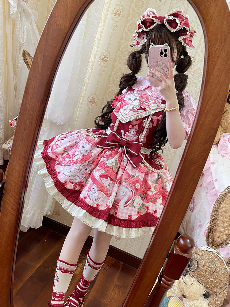 Mewroco~Strawberry Cat~Sweet Lolita Dress Suit JSK and Salopette with Cat Prints