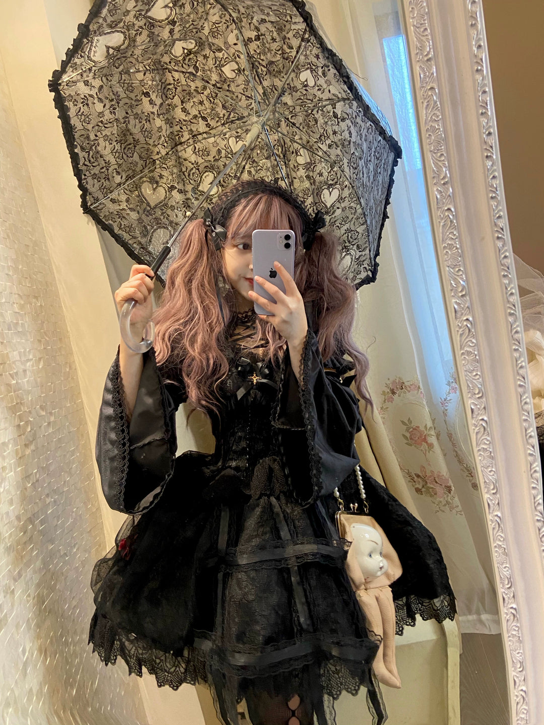 Doujiang~Rose Cage~Gothic Lolita Dress Black Suspender Dress Free size Bolero+Hime sleeves+choker+headband+pantyhose 