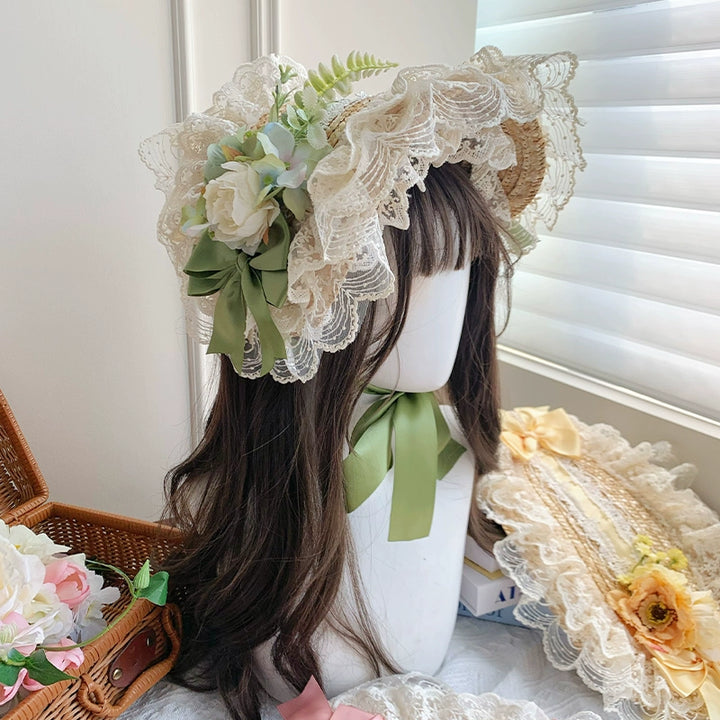 With PUJI~Floral Language~Country Lolita Lace Bow Flat Cap Straw Hat   