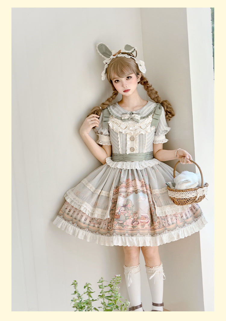 Honey Machine~Sunflower Rabbit~Kawaii Lolita OP Set with Bunny Prints and Hairband