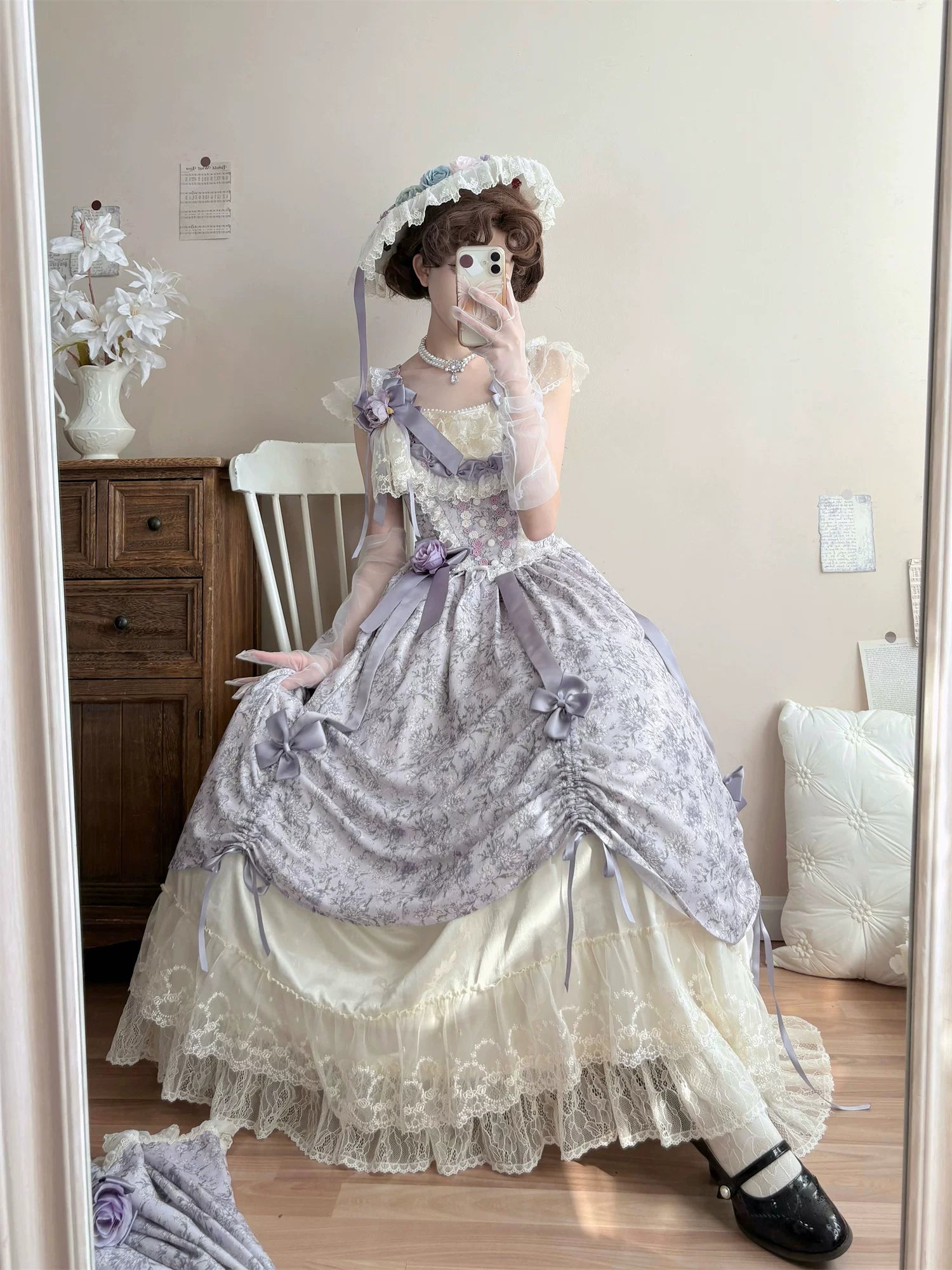 Dolota Flower Wall - Classic Lolita Floral OP Dress, Open Shoulder 44485:811077