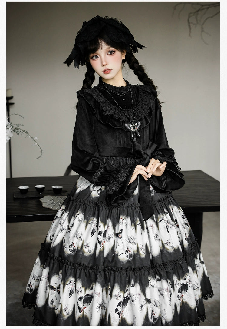 With PUJI - Dead Leaf Butterfly - Gothic Lolita JSK & OP Dress Set, Butterfly Print 44346:805387