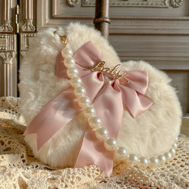 MAID~Kawaii Lolita Heart Bag Plush Pearl Chain Handbag Champagne Pink  