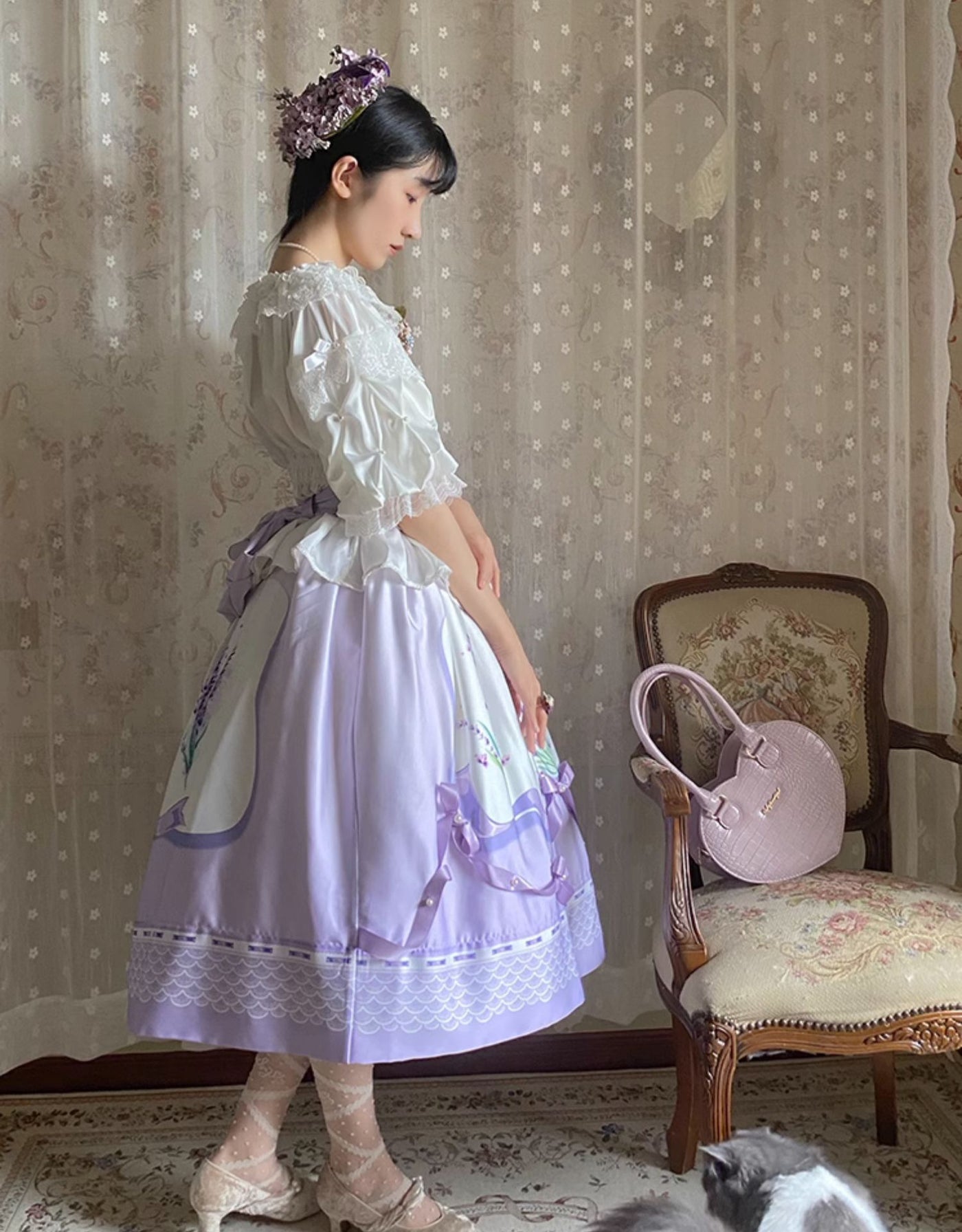 (Buyforme)Yolanda~ Lavender Smoke Floral OP Dress SK and Blouse   