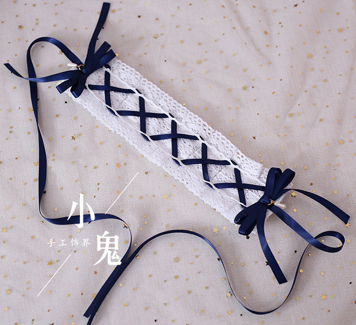 (BFM)Xiaogui~Japanese Style Sweet Lolita Lace Headband Multicolors White Cotton + Deep Blue  