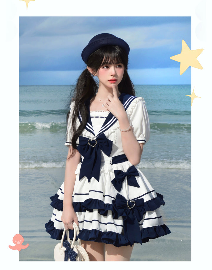 Platycodon House~Going to the Sea~Sailor Lolita OP Youth Lolita JSK Tiered Dress