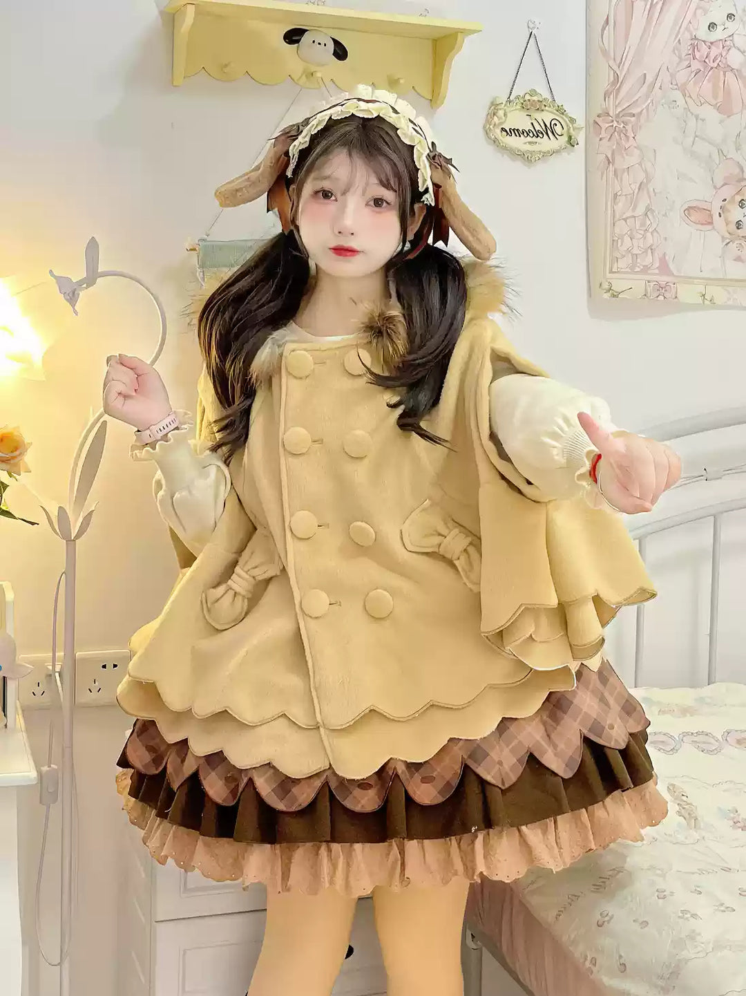 Yayizi~Sweet Lolita Cape Winter Plush Lolita Coat Khaki S Thin Styles