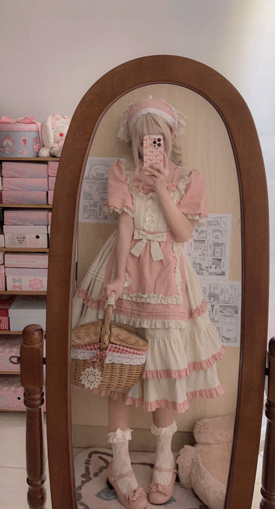 Sugar Girl~Country Lolita OP Dress Short Sleeve Summer Dress Pink OP (Long) S 