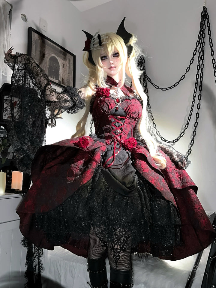 Cornfield Lolita~Rose Blood~Black Red Gothic Lolita JSK Jacquard Court Dress 40688:673002